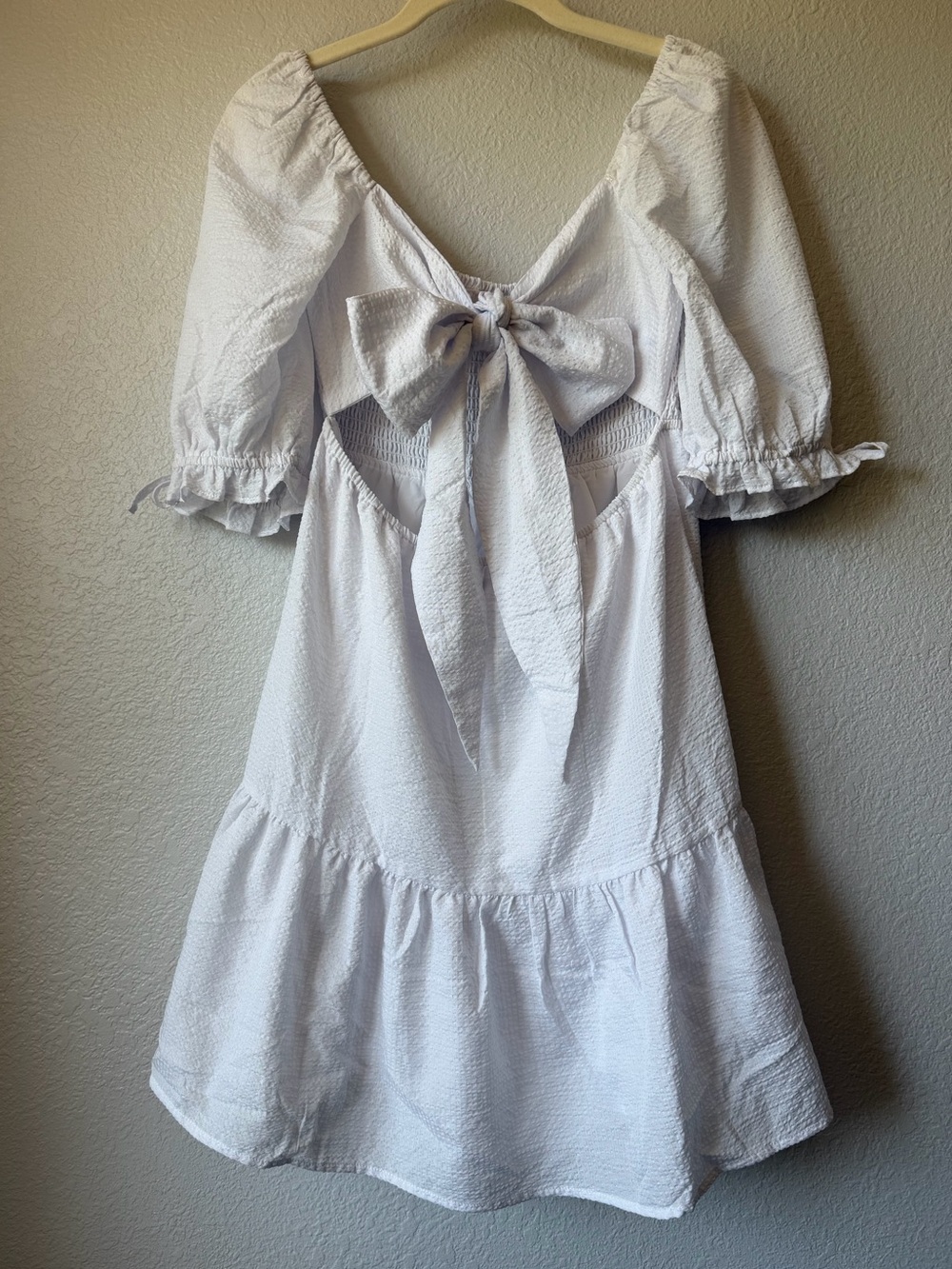 Charlie Holiday White Smocked Puff Sleeve Open Back Mini Dress, NWOT, Size 8 - Picture 4 of 12